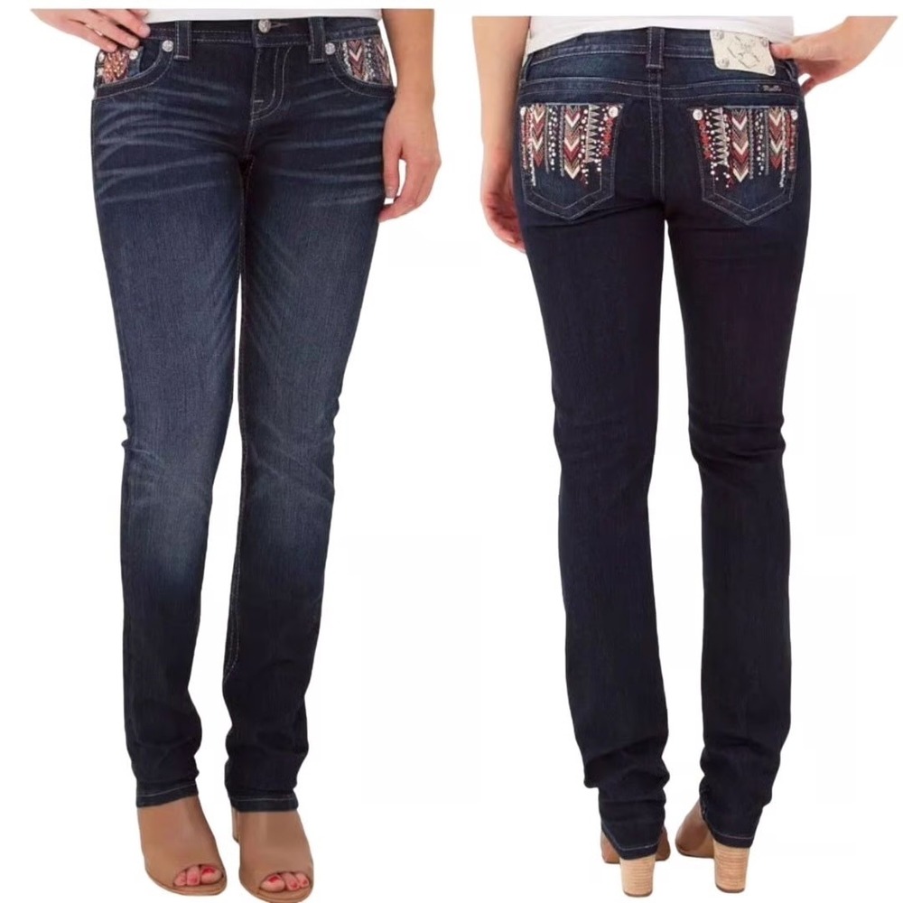 Miss Me Jeans Women's 27 Easy Skinny Dark Wash Embellished Pockets Aztec Western